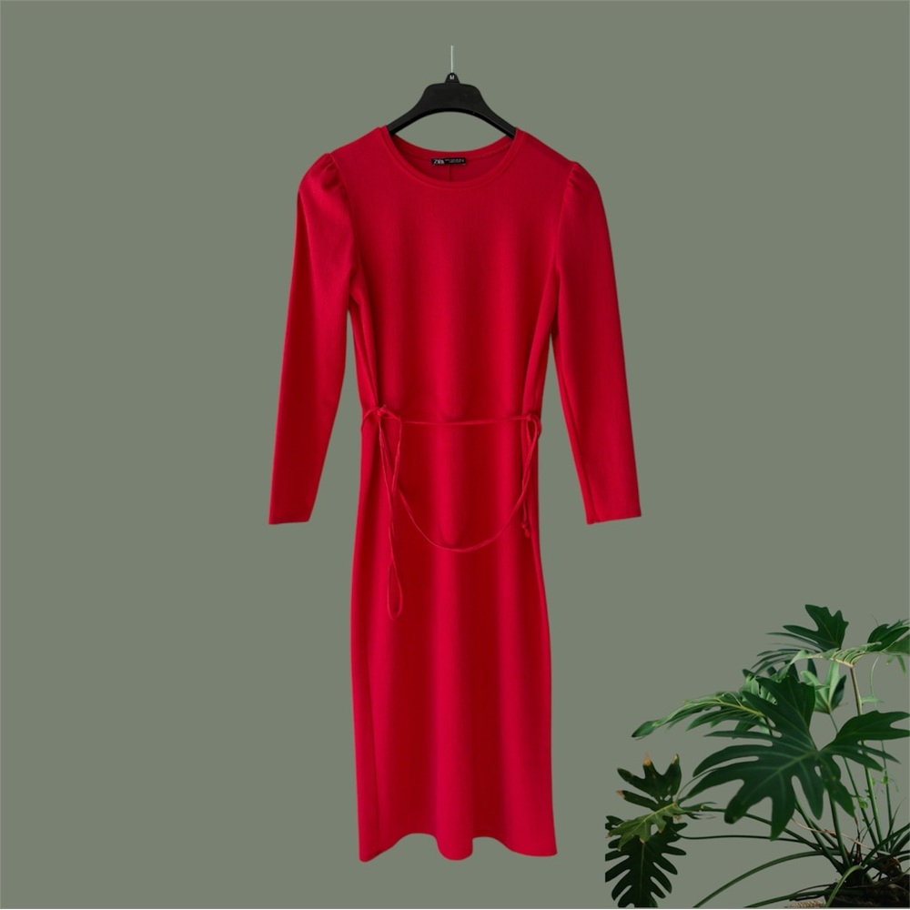 Zara Red Sheath Maxi Dress Crew Neck Long Sleeve